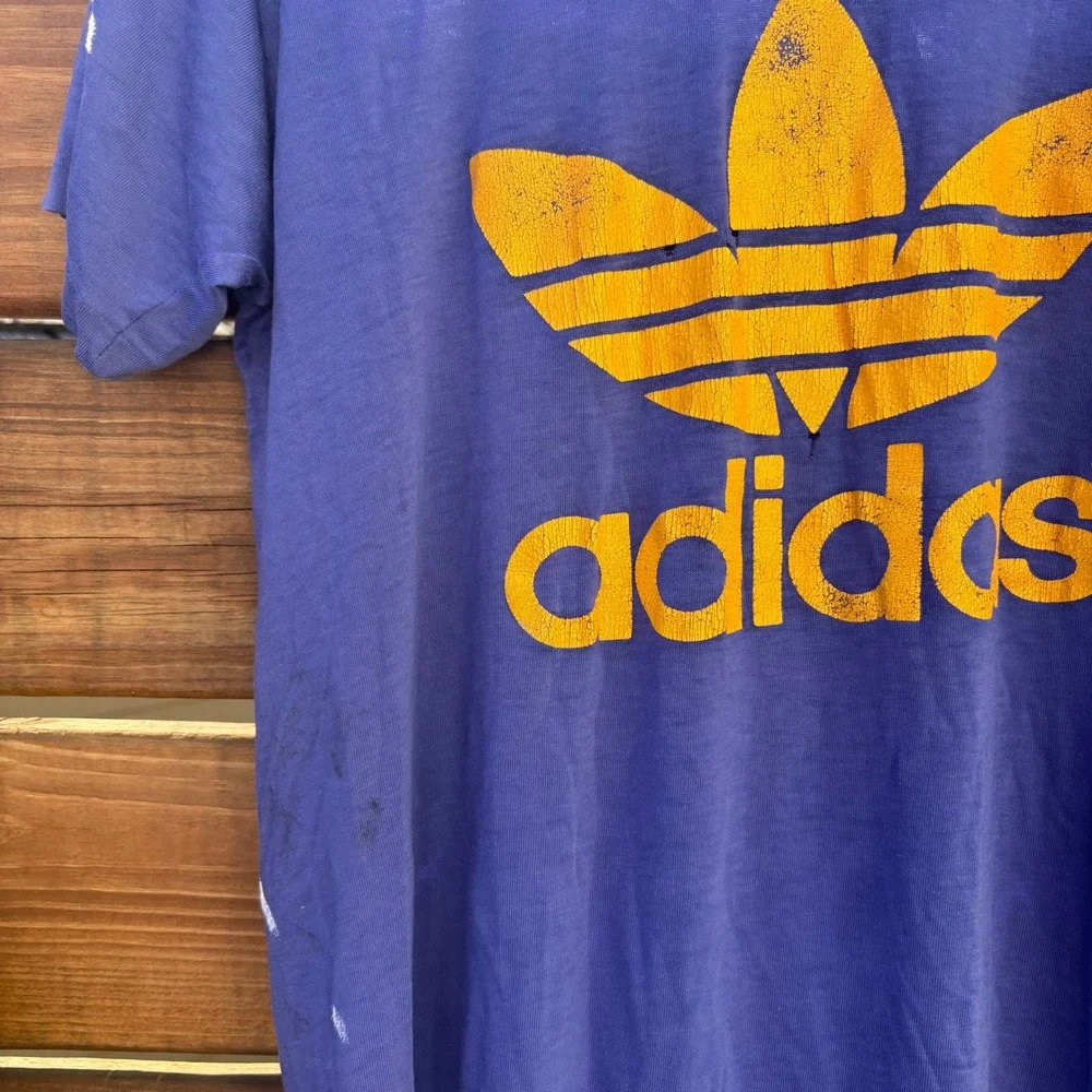 80s Adidas Graphic T-Shirt Mens L Purple Vintage Made in USA Trefoil Distressed